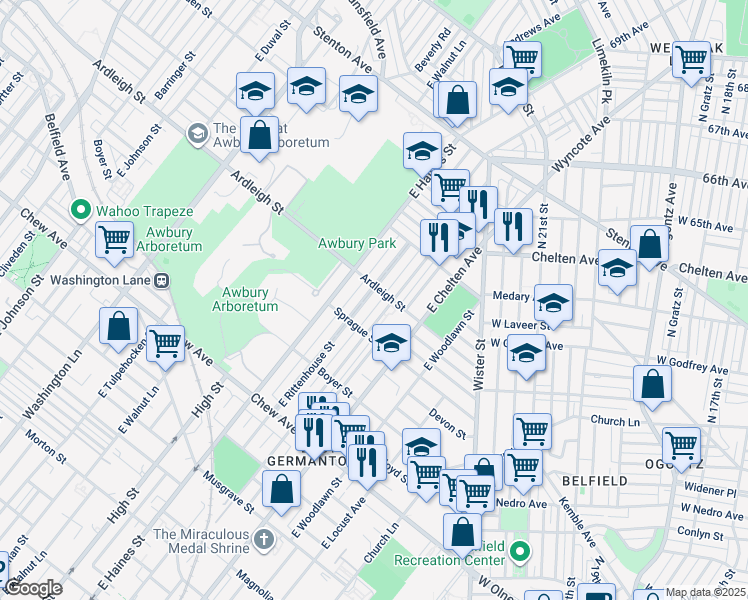 map of restaurants, bars, coffee shops, grocery stores, and more near 1026 East Rittenhouse Street in Philadelphia
