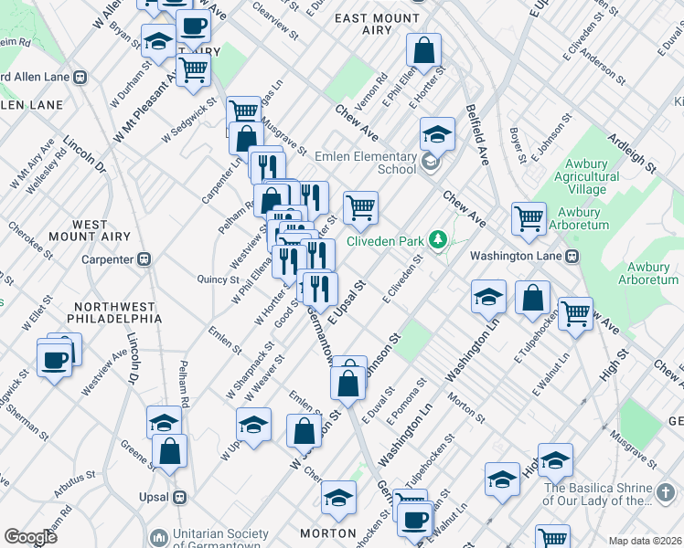 map of restaurants, bars, coffee shops, grocery stores, and more near 42 East Sharpnack Street in Philadelphia