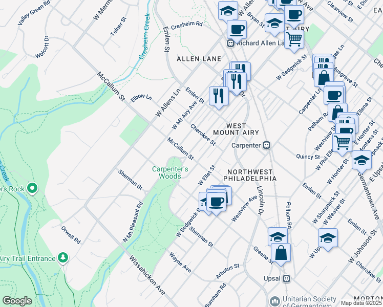 map of restaurants, bars, coffee shops, grocery stores, and more near 7057 McCallum Street in Philadelphia