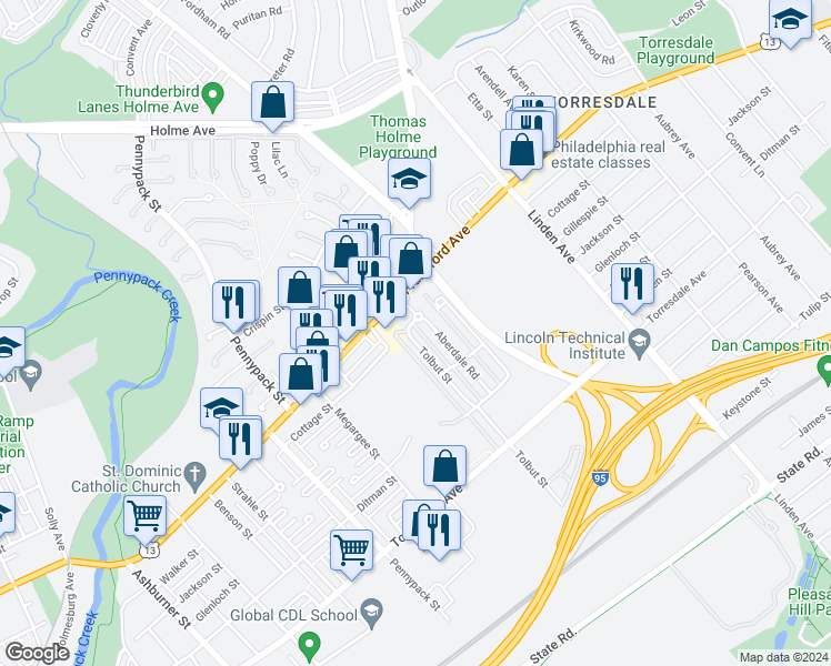 map of restaurants, bars, coffee shops, grocery stores, and more near 4423 Tolbut Street in Philadelphia