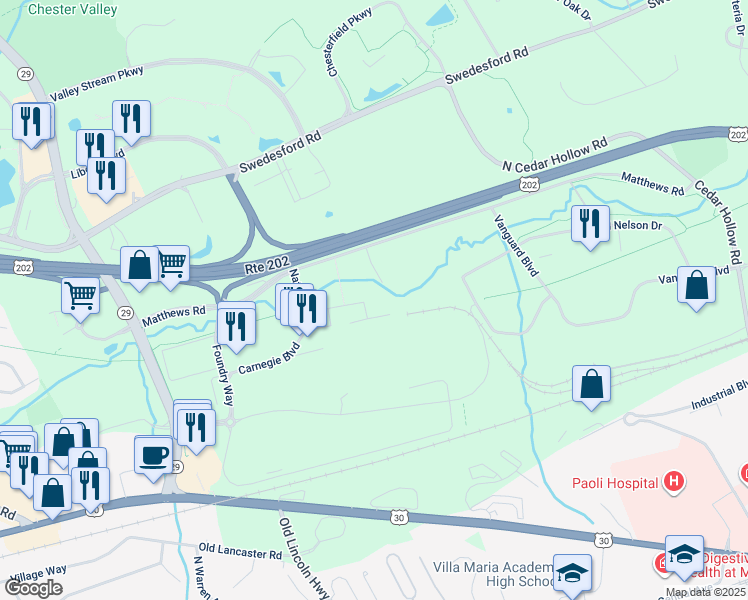 map of restaurants, bars, coffee shops, grocery stores, and more near 45 Creekside Lane in Malvern