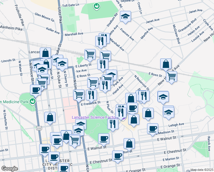 map of restaurants, bars, coffee shops, grocery stores, and more near 719 North Plum Street in Lancaster