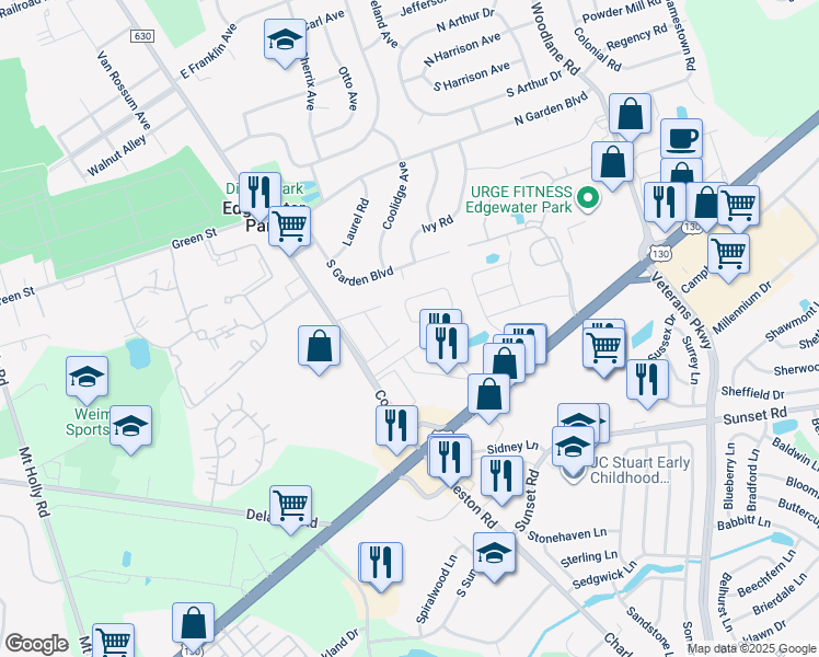 map of restaurants, bars, coffee shops, grocery stores, and more near 20 Benford Lane in Edgewater Park