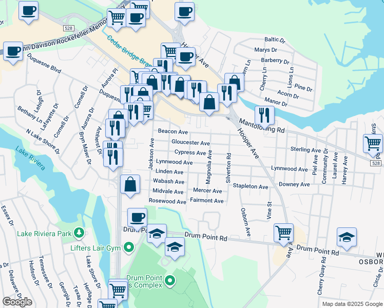map of restaurants, bars, coffee shops, grocery stores, and more near 454 Carlisa Dr in Brick