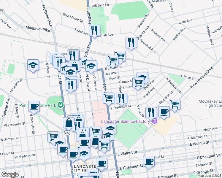 map of restaurants, bars, coffee shops, grocery stores, and more near 800 North Jefferson Street in Lancaster