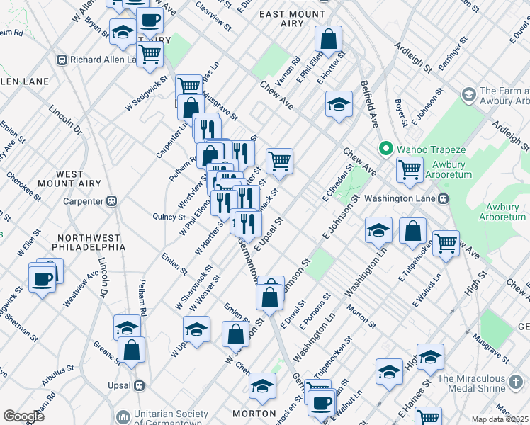 map of restaurants, bars, coffee shops, grocery stores, and more near 66 East Sharpnack Street in Philadelphia
