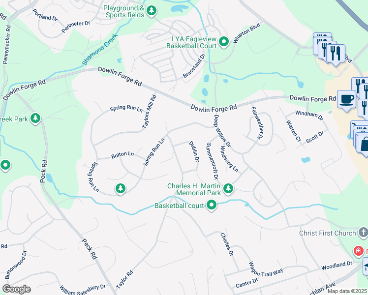 map of restaurants, bars, coffee shops, grocery stores, and more near 503 Dublin Drive in Downingtown
