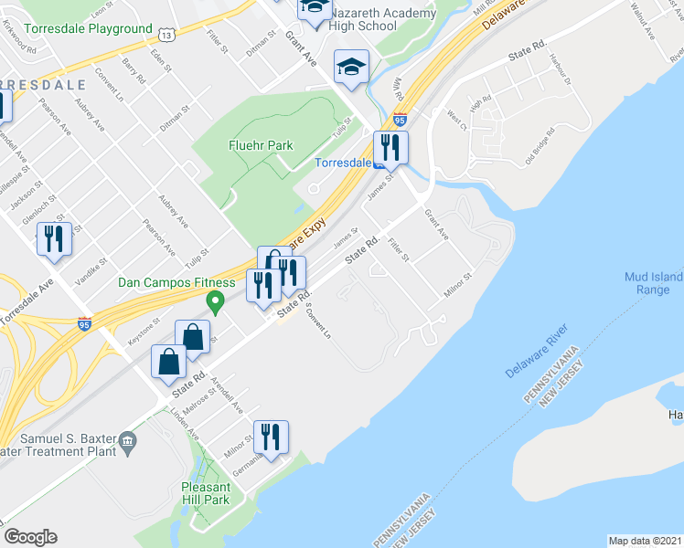 map of restaurants, bars, coffee shops, grocery stores, and more near 5000 North Convent Lane in Philadelphia