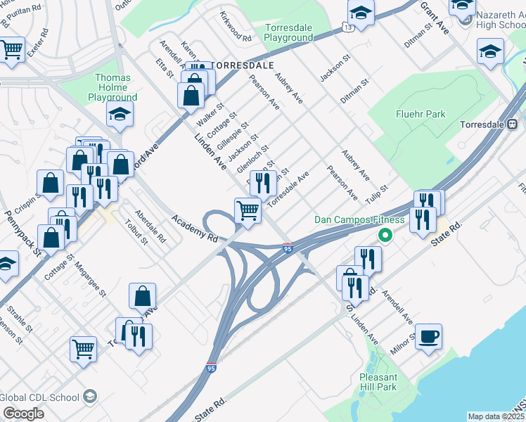 map of restaurants, bars, coffee shops, grocery stores, and more near Linden Avenue in Philadelphia