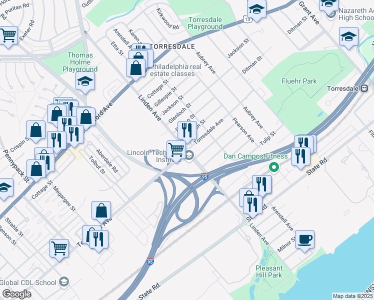 map of restaurants, bars, coffee shops, grocery stores, and more near Linden Avenue in Philadelphia