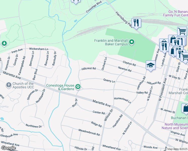 map of restaurants, bars, coffee shops, grocery stores, and more near 1515 Quarry Lane in Lancaster
