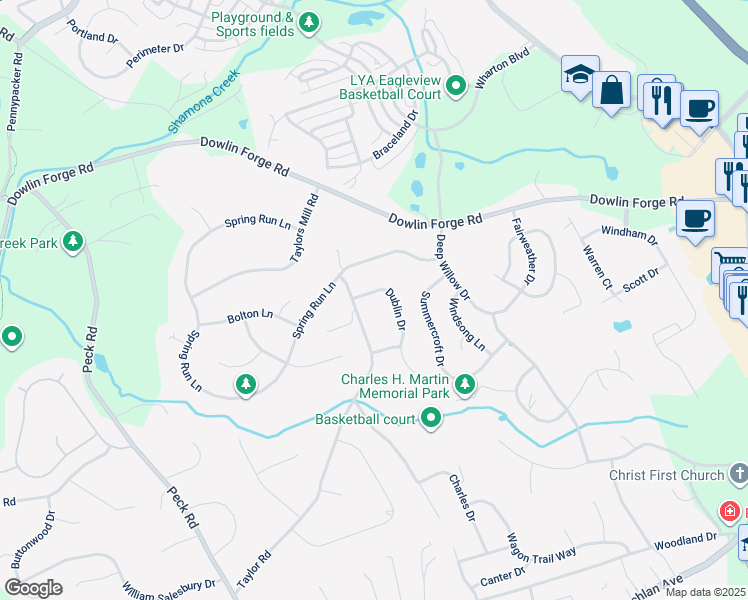 map of restaurants, bars, coffee shops, grocery stores, and more near 503 Dublin Drive in Downingtown