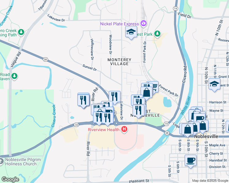 map of restaurants, bars, coffee shops, grocery stores, and more near 444 Lafayette Road in Noblesville