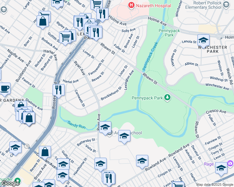 map of restaurants, bars, coffee shops, grocery stores, and more near 7827 Brocklehurst Street in Philadelphia