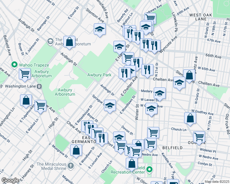 map of restaurants, bars, coffee shops, grocery stores, and more near 1111 E Stafford St in Philadelphia