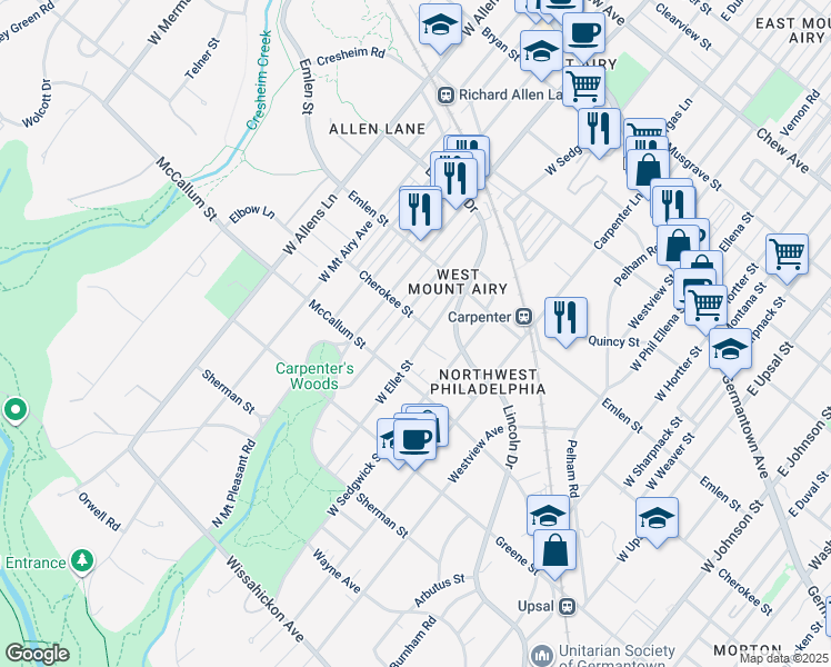 map of restaurants, bars, coffee shops, grocery stores, and more near 445 West Ellet Street in Philadelphia
