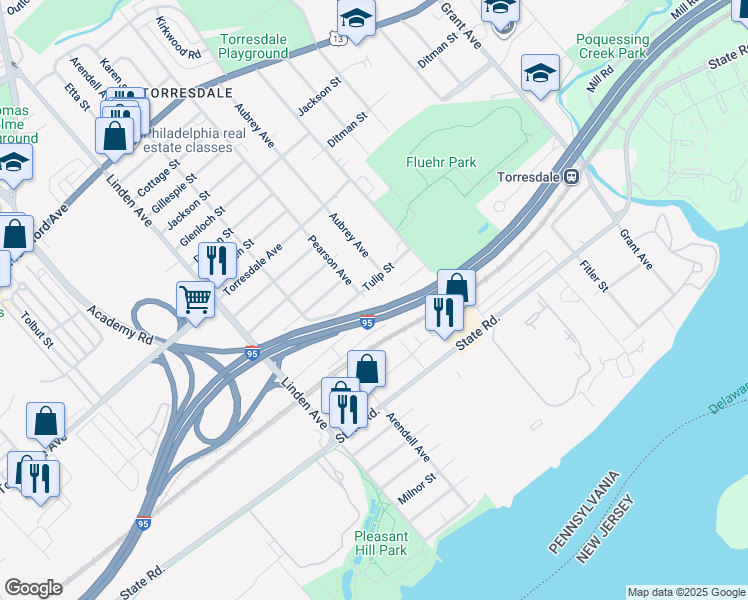 map of restaurants, bars, coffee shops, grocery stores, and more near 4909 Pearson Avenue in Philadelphia
