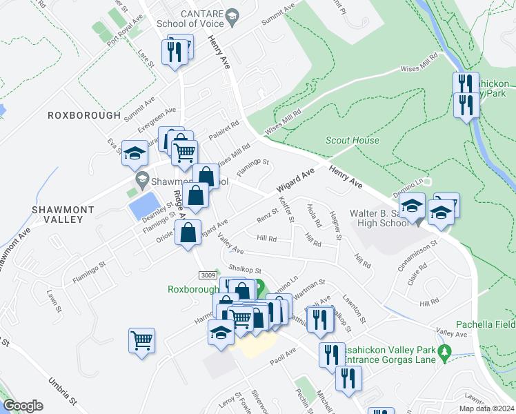 map of restaurants, bars, coffee shops, grocery stores, and more near 7415 Hill Road in Philadelphia