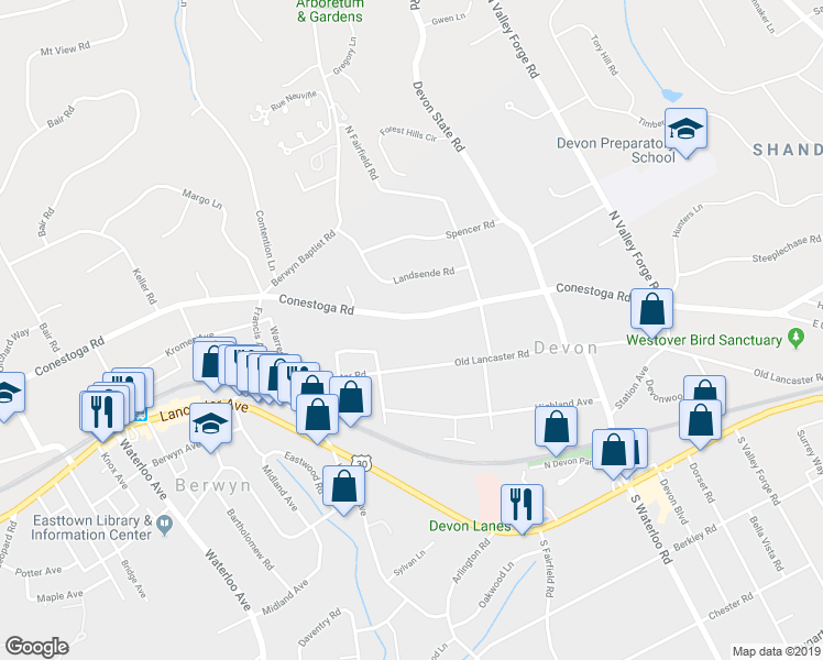 map of restaurants, bars, coffee shops, grocery stores, and more near 328 Conestoga Road in Devon