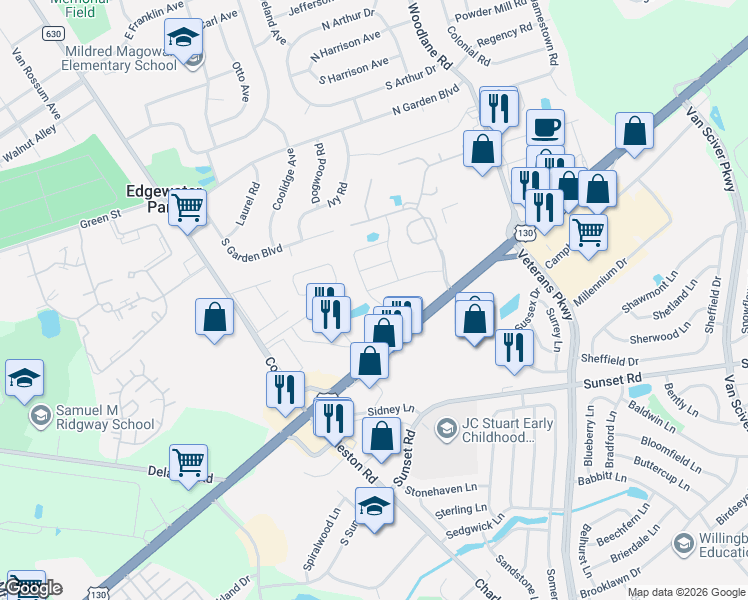map of restaurants, bars, coffee shops, grocery stores, and more near 2224 U.S. 130 in Beverly