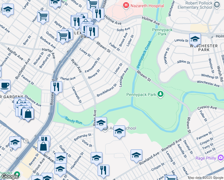 map of restaurants, bars, coffee shops, grocery stores, and more near 7827 Brocklehurst Street in Philadelphia
