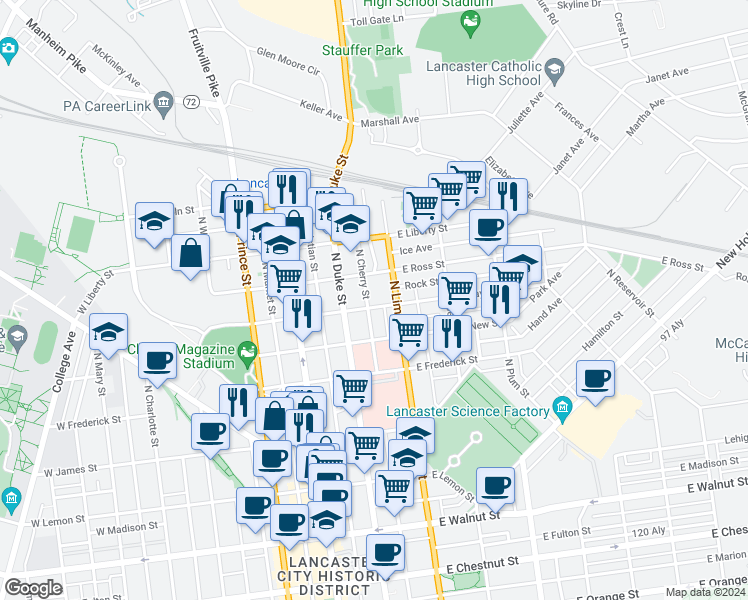 map of restaurants, bars, coffee shops, grocery stores, and more near 131 East Clay Street in Lancaster