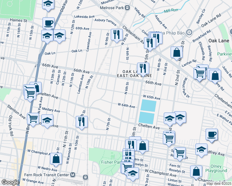 map of restaurants, bars, coffee shops, grocery stores, and more near 6411 North 7th Street in Philadelphia