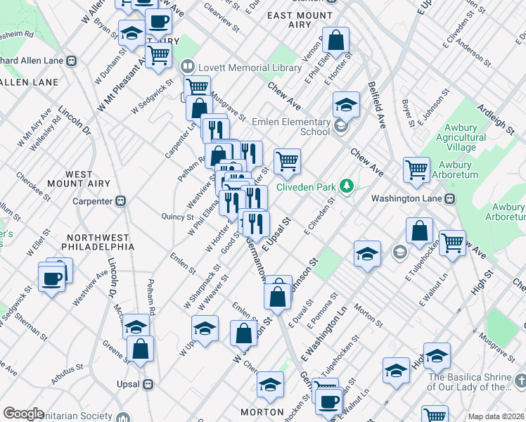 map of restaurants, bars, coffee shops, grocery stores, and more near 42 East Sharpnack Street in Philadelphia