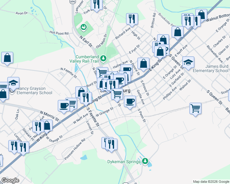 map of restaurants, bars, coffee shops, grocery stores, and more near in Shippensburg