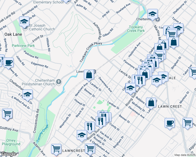 map of restaurants, bars, coffee shops, grocery stores, and more near 210 Devereaux Avenue in Philadelphia