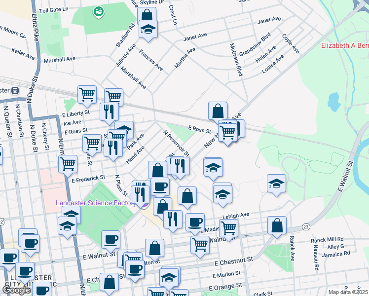 map of restaurants, bars, coffee shops, grocery stores, and more near 729 North Reservoir Street in Lancaster