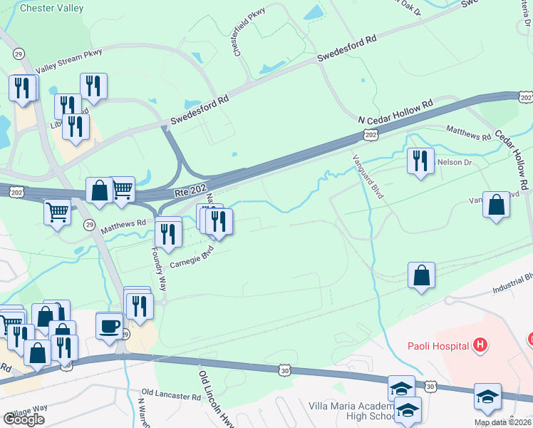 map of restaurants, bars, coffee shops, grocery stores, and more near 45 Creekside Lane in Malvern