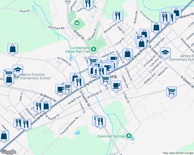 map of restaurants, bars, coffee shops, grocery stores, and more near 34 West King Street in Shippensburg