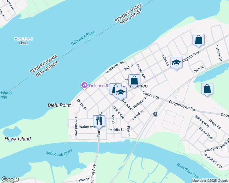 map of restaurants, bars, coffee shops, grocery stores, and more near 317 Walnut Street in Delanco