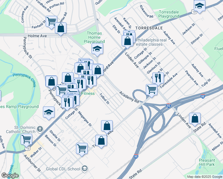 map of restaurants, bars, coffee shops, grocery stores, and more near 4456 Carwithan Street in Philadelphia