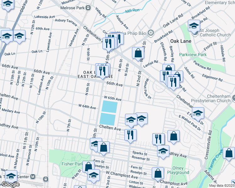 map of restaurants, bars, coffee shops, grocery stores, and more near 6509 North 4th Street in Philadelphia