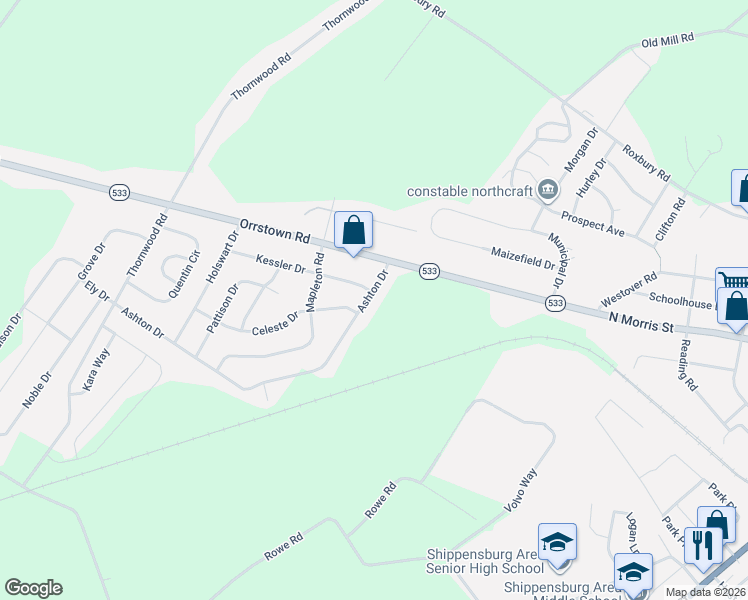 map of restaurants, bars, coffee shops, grocery stores, and more near 1012 Ashton Drive in Shippensburg