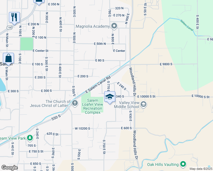 map of restaurants, bars, coffee shops, grocery stores, and more near 256 South 770 East in Salem
