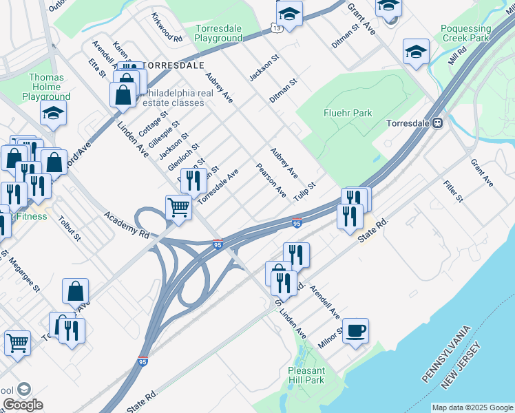 map of restaurants, bars, coffee shops, grocery stores, and more near 9314 Tulip Street in Philadelphia