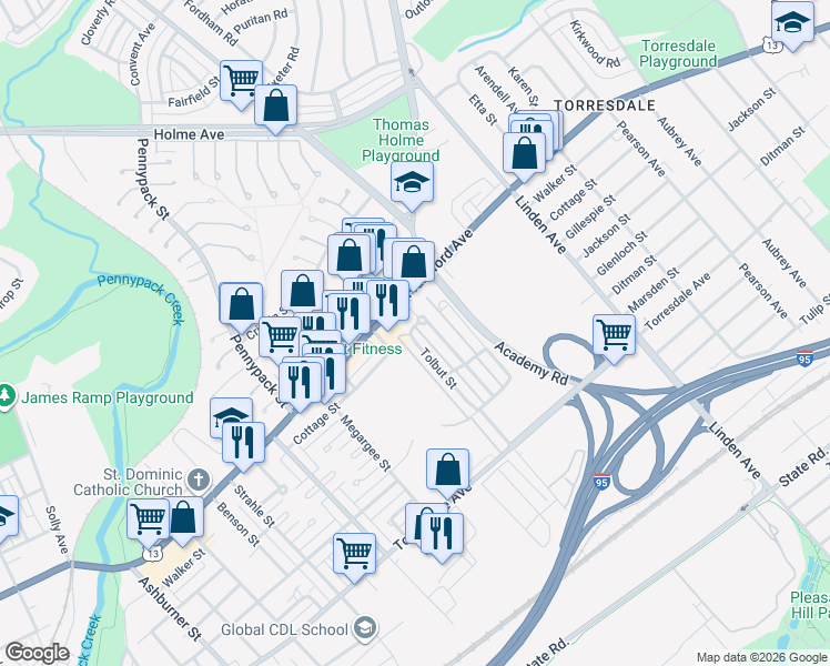 map of restaurants, bars, coffee shops, grocery stores, and more near 4426 Tolbut Street in Philadelphia