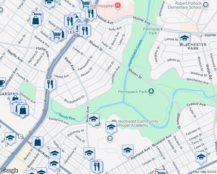 map of restaurants, bars, coffee shops, grocery stores, and more near 7826 Lexington Avenue in Philadelphia