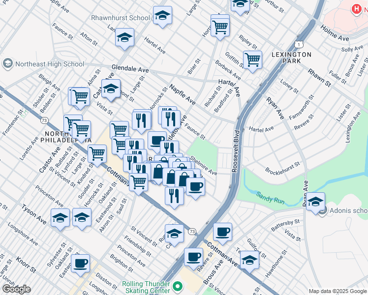 map of restaurants, bars, coffee shops, grocery stores, and more near 2402 Shelmire Avenue in Philadelphia