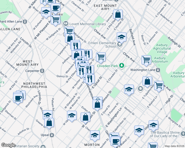 map of restaurants, bars, coffee shops, grocery stores, and more near 42 East Sharpnack Street in Philadelphia