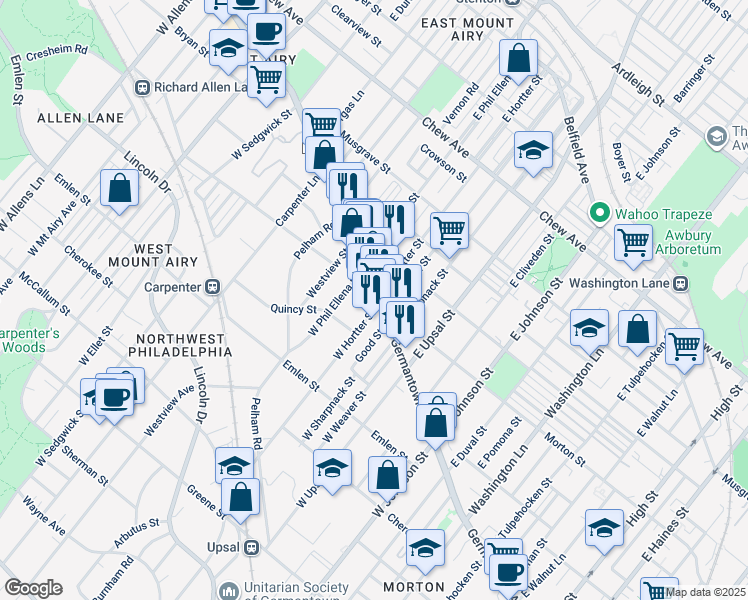 map of restaurants, bars, coffee shops, grocery stores, and more near 6554 Germantown Avenue in Philadelphia