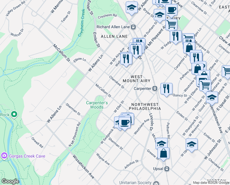 map of restaurants, bars, coffee shops, grocery stores, and more near 7042 McCallum Street in Philadelphia