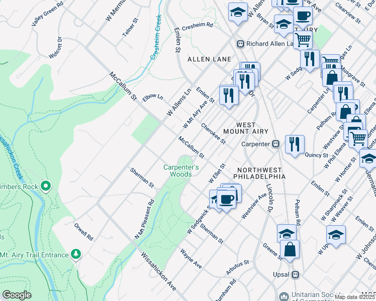map of restaurants, bars, coffee shops, grocery stores, and more near 7108 McCallum St in Philadelphia