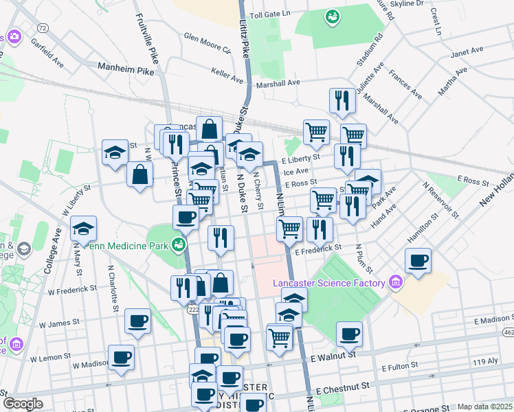 map of restaurants, bars, coffee shops, grocery stores, and more near 126 East Clay Street in Lancaster