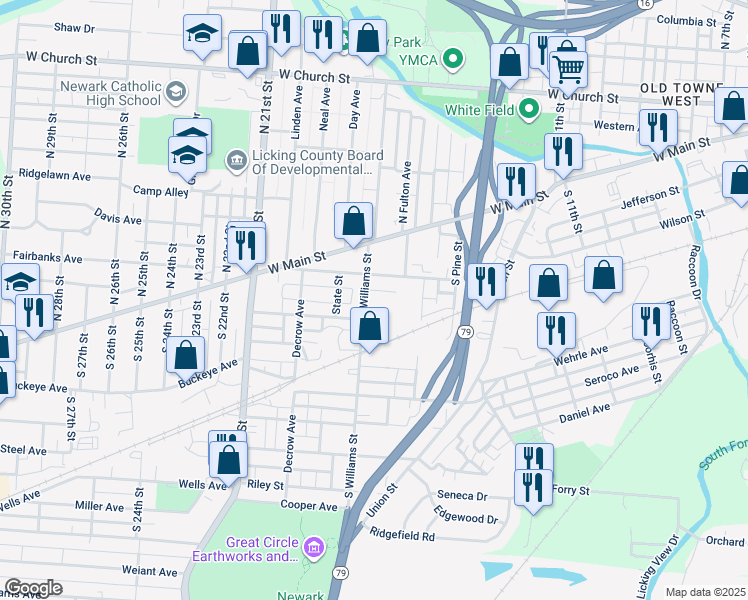 map of restaurants, bars, coffee shops, grocery stores, and more near 50 Cambria Street in Newark