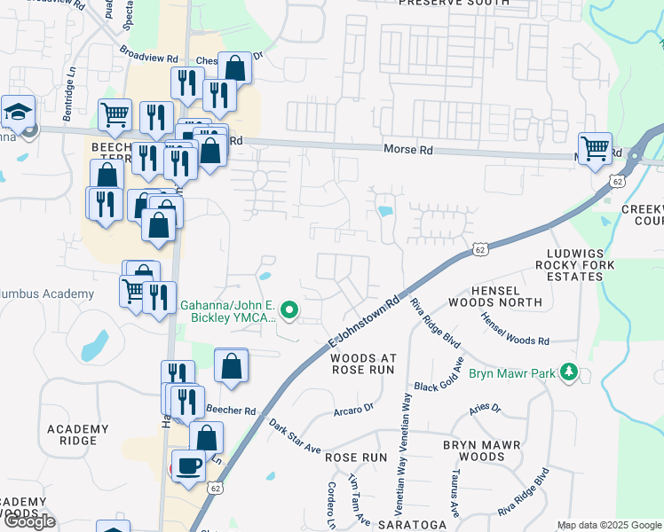 map of restaurants, bars, coffee shops, grocery stores, and more near 640 Grove Circle in Columbus