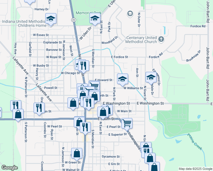 map of restaurants, bars, coffee shops, grocery stores, and more near 323 North East Street in Lebanon